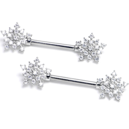 14G 9/16 Clear Gem Classic Snowflake Barbell Nipple Ring Set
