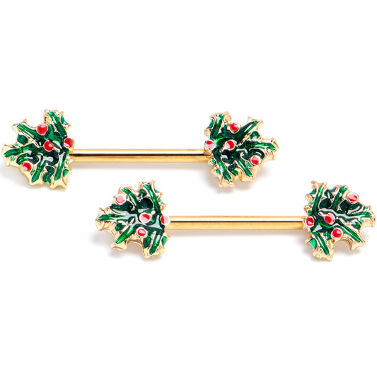14G 9/16 Gold Tone Festive Holly Sprig Barbell Nipple Ring Set