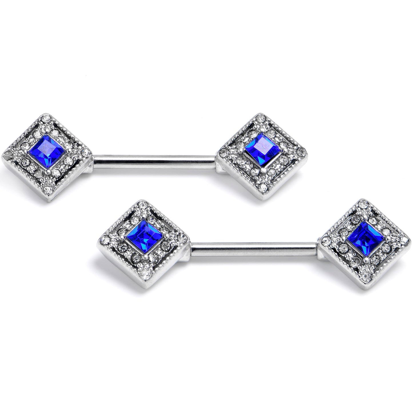 4G 9/16 Clear Blue Gem Rhombus Royale Barbell Nipple Ring Set