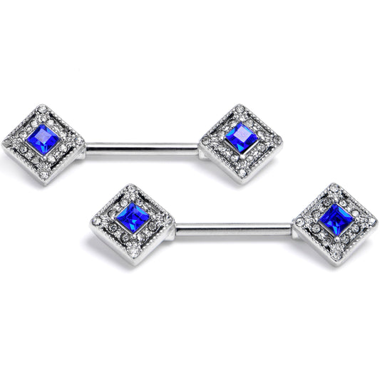 4G 9/16 Clear Blue Gem Rhombus Royale Barbell Nipple Ring Set