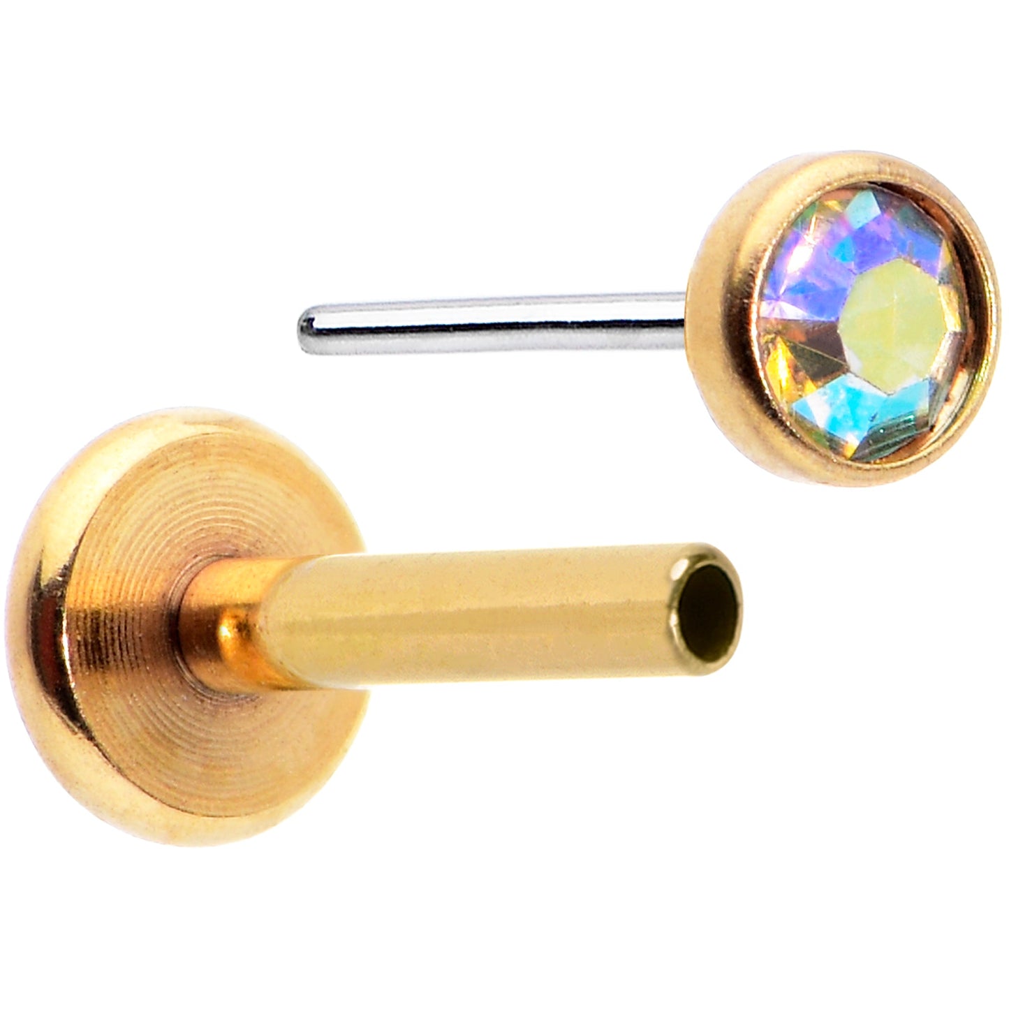 16G 5/16 Aurora Gem Gold Tone Threadless Labret Monroe Tragus