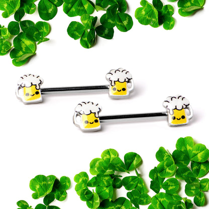 14G 9/16 Sweet Happy Beer St Patricks Barbell Nipple Ring Set
