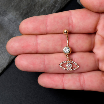 Pink Clear Gem Rose Gold Tone Wide Eye Dangle Belly Ring