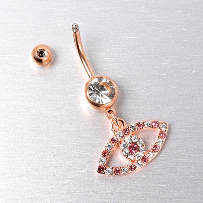 Pink Clear Gem Rose Gold Tone Wide Eye Dangle Belly Ring