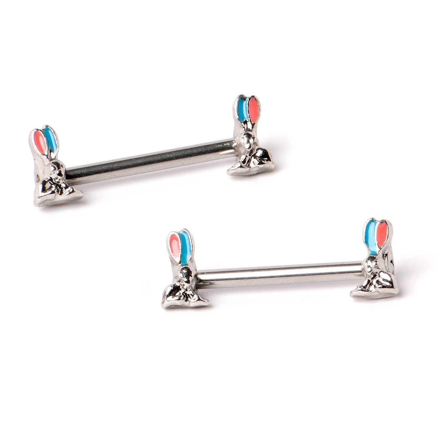 14G 9/16 Easter Bunny Blue Red Ears Barbell Nipple Ring Set