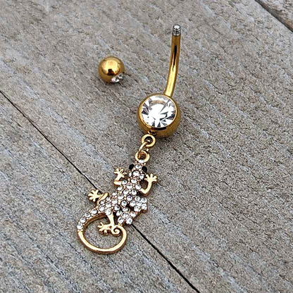 Clear Gem Gold Tone Luscious Lizard Dangle Belly Ring