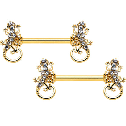 14G 9/16 Clear Gem Gold Hue Luscious Lizard Barbell Nipple Ring Set