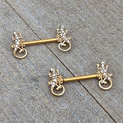 14G 9/16 Clear Gem Gold Hue Luscious Lizard Barbell Nipple Ring Set