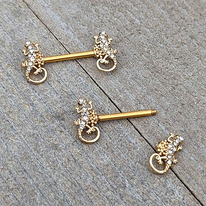 14G 9/16 Clear Gem Gold Hue Luscious Lizard Barbell Nipple Ring Set