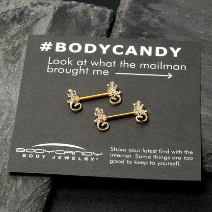 14G 9/16 Clear Gem Gold Hue Luscious Lizard Barbell Nipple Ring Set