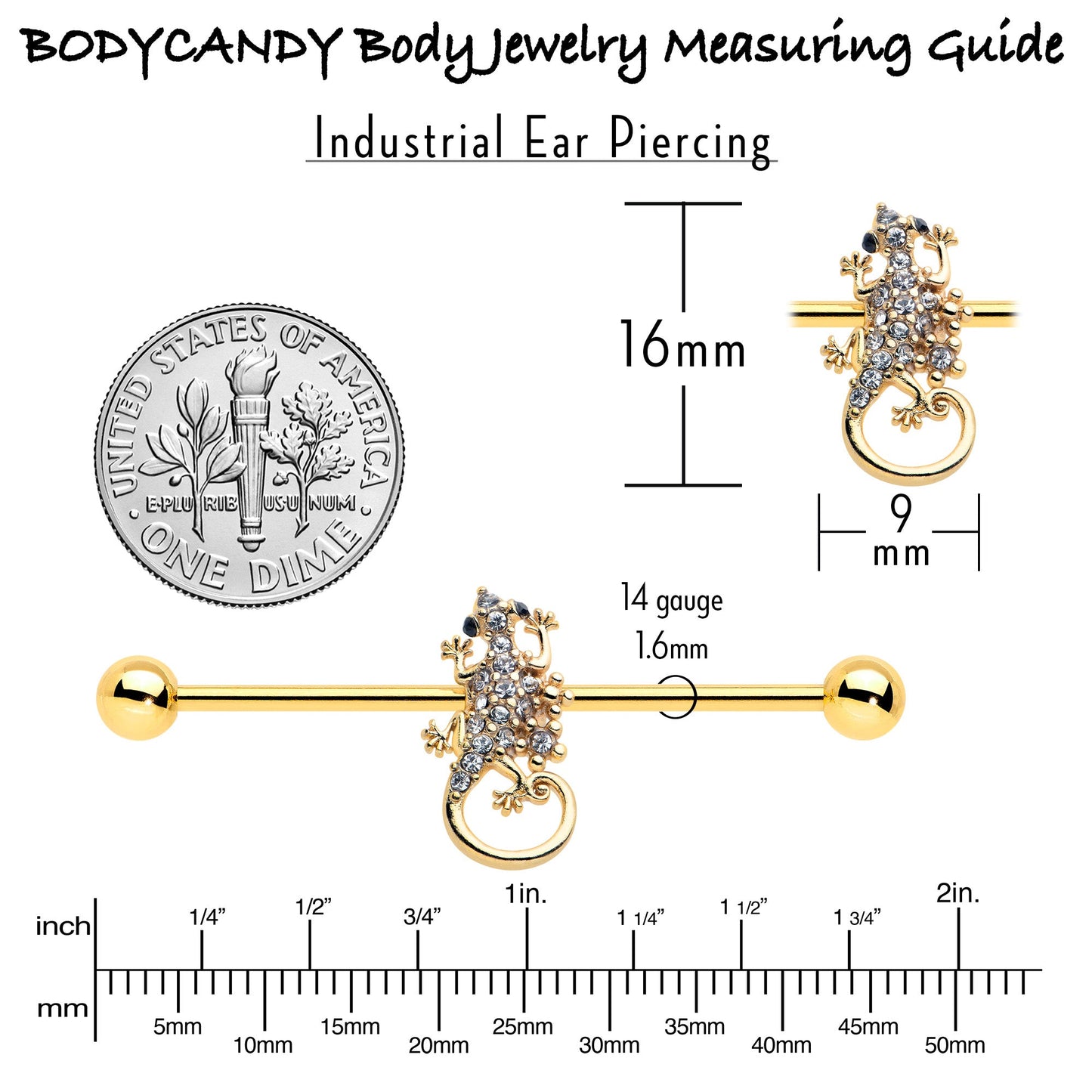 14G Clear Gem Gold Tone Luscious Lizard Industrial Barbell 38mm