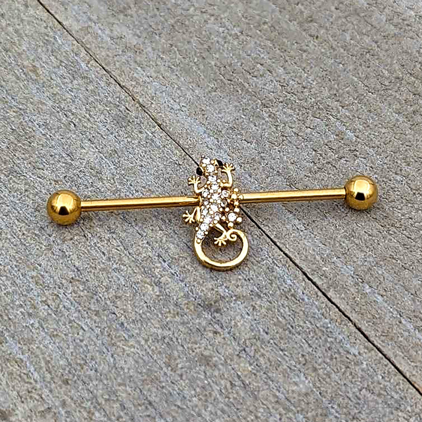 14G Clear Gem Gold Tone Luscious Lizard Industrial Barbell 38mm