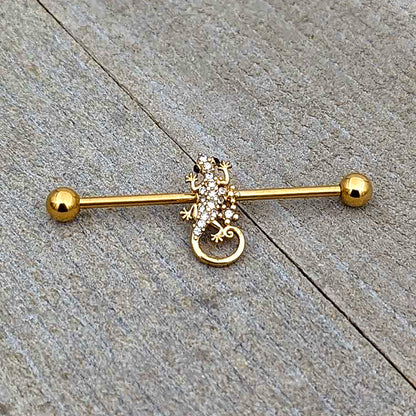 14G Clear Gem Gold Tone Luscious Lizard Industrial Barbell 38mm