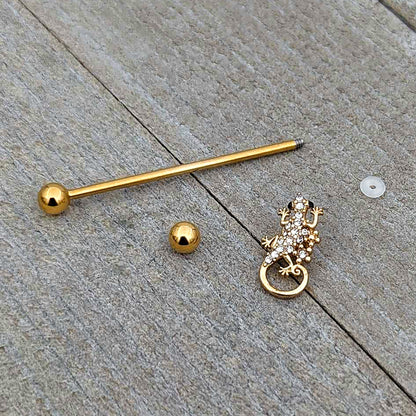 14G Clear Gem Gold Tone Luscious Lizard Industrial Barbell 38mm