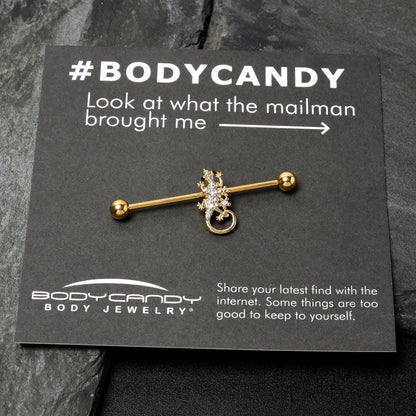 14G Clear Gem Gold Tone Luscious Lizard Industrial Barbell 38mm