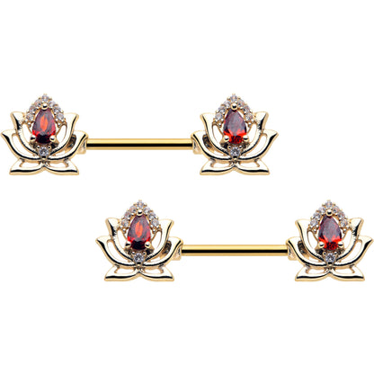 14G 9/16 Red Gem Gold Tone Royal Lotus Barbell Nipple Ring Set