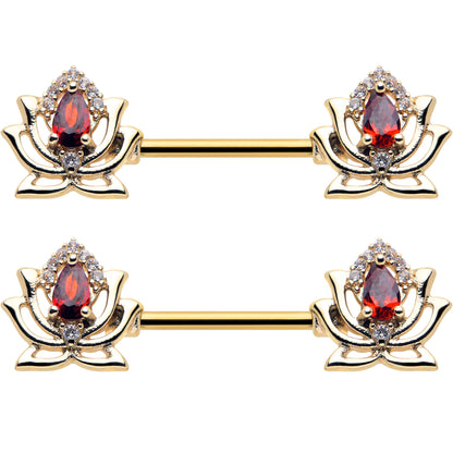 14G 9/16 Red Gem Gold Tone Royal Lotus Barbell Nipple Ring Set