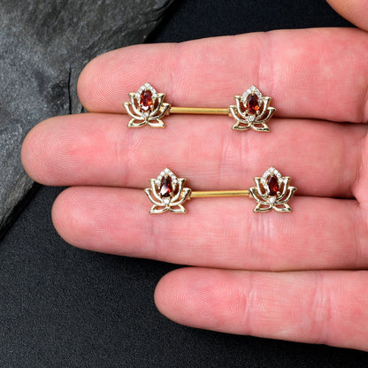 14G 9/16 Red Gem Gold Tone Royal Lotus Barbell Nipple Ring Set