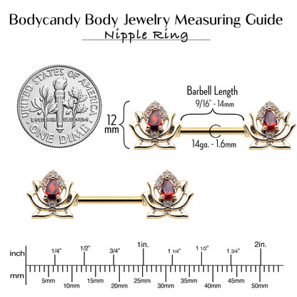 14G 9/16 Red Gem Gold Tone Royal Lotus Barbell Nipple Ring Set
