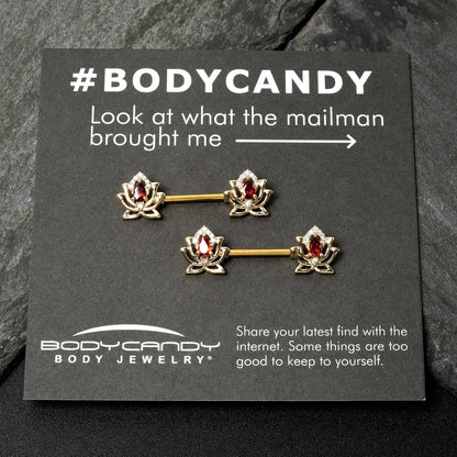 14G 9/16 Red Gem Gold Tone Royal Lotus Barbell Nipple Ring Set