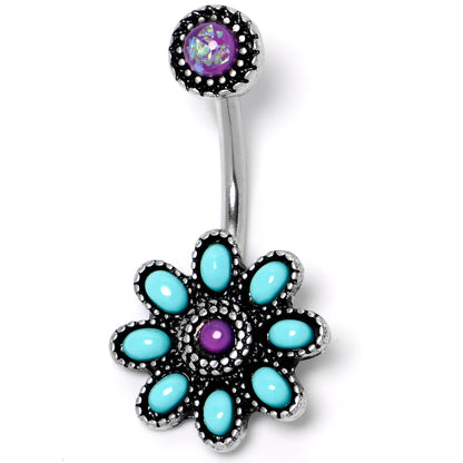 Blue Faux Opal Flower Teal Petals Double Mount Belly Ring