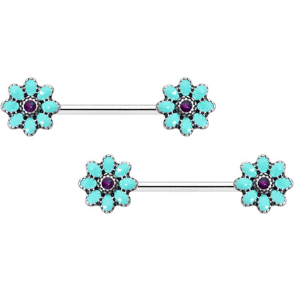 14G 9/16 Blue Faux Opal Flower Teal Petals Barbell Nipple Ring Set