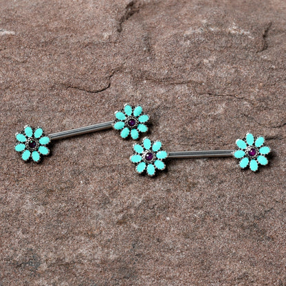 14G 9/16 Blue Faux Opal Flower Teal Petals Barbell Nipple Ring Set