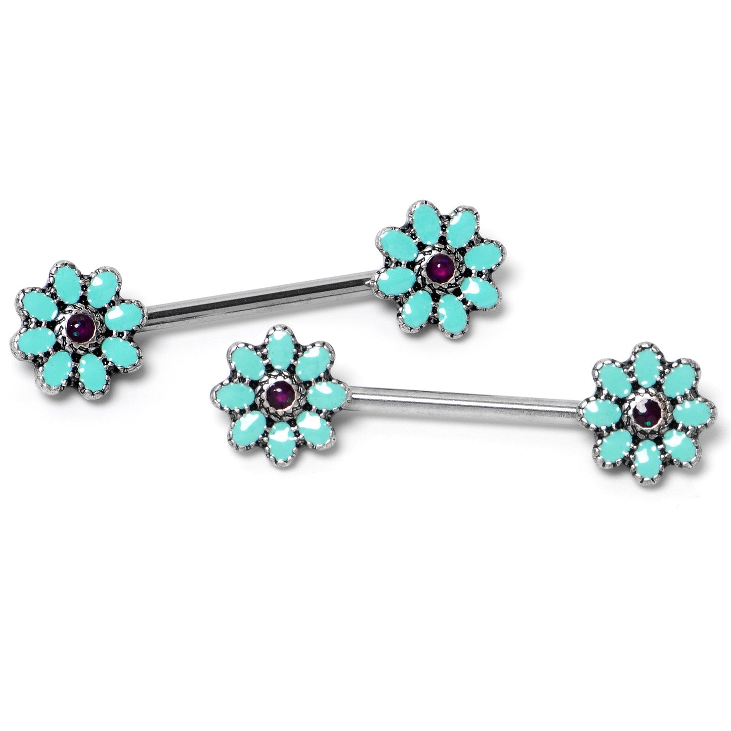 14G 9/16 Blue Faux Opal Flower Teal Petals Barbell Nipple Ring Set