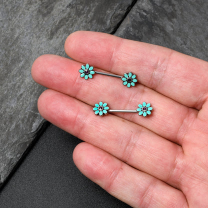 14G 9/16 Blue Faux Opal Flower Teal Petals Barbell Nipple Ring Set