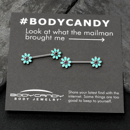 14G 9/16 Blue Faux Opal Flower Teal Petals Barbell Nipple Ring Set