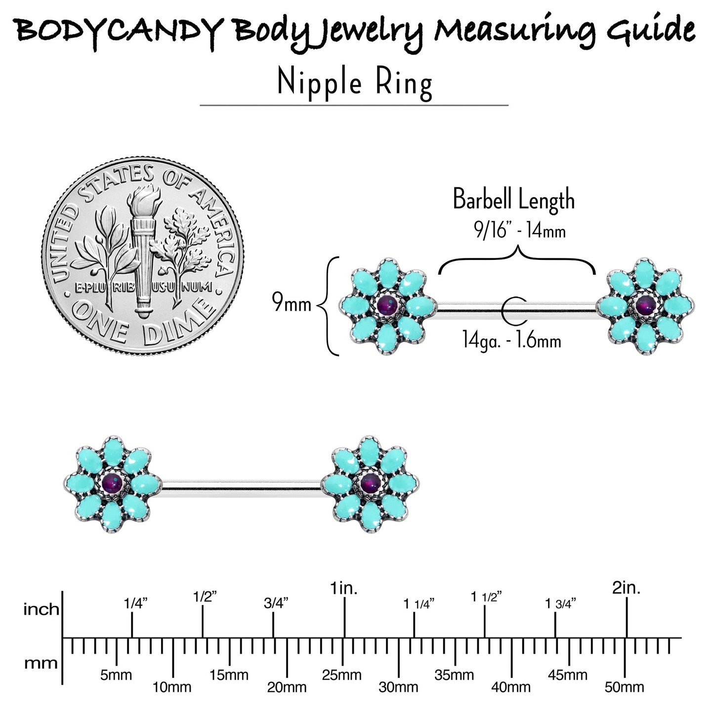 14G 9/16 Blue Faux Opal Flower Teal Petals Barbell Nipple Ring Set