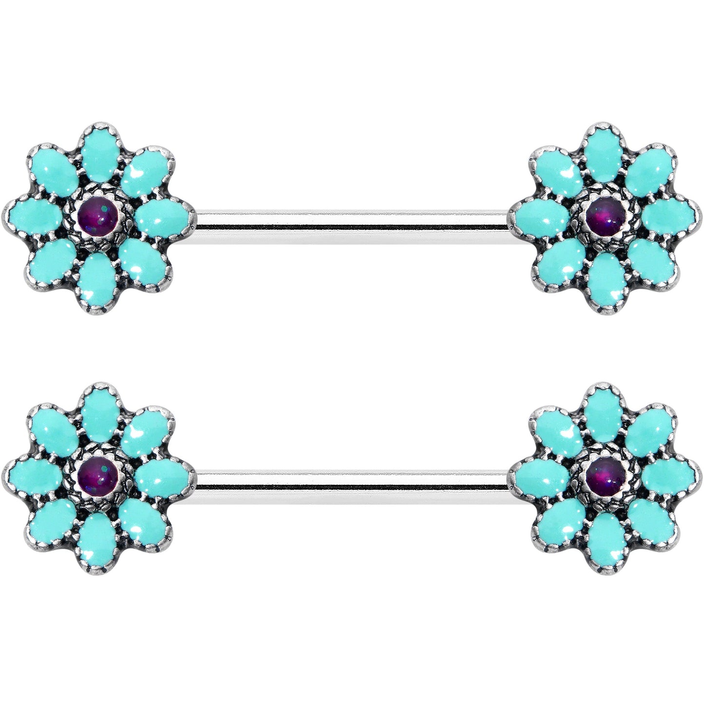 14G 9/16 Blue Faux Opal Flower Teal Petals Barbell Nipple Ring Set