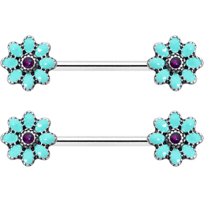 14G 9/16 Blue Faux Opal Flower Teal Petals Barbell Nipple Ring Set