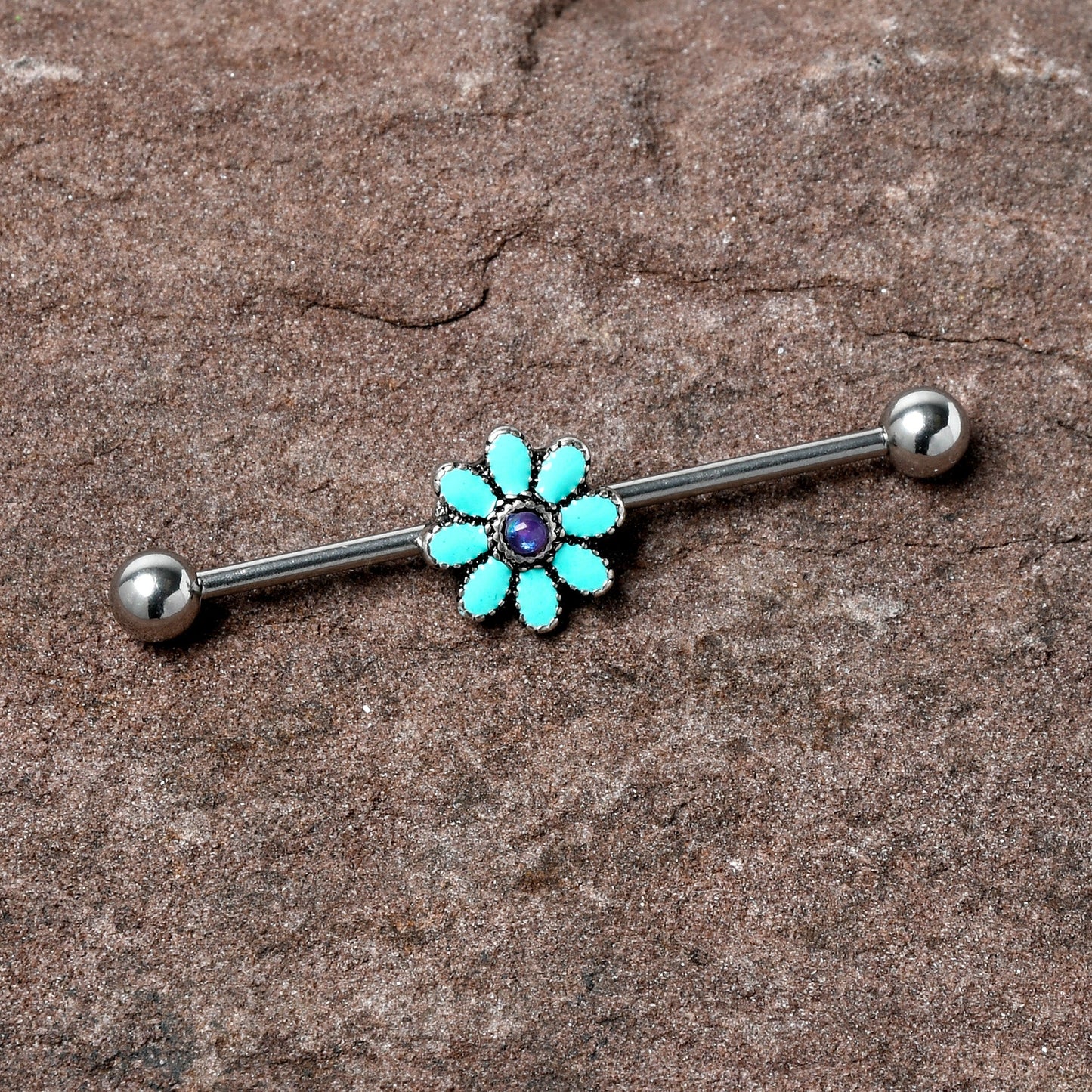 14G Blue Faux Opal Flower Teal Petals Industrial Barbell 38mm