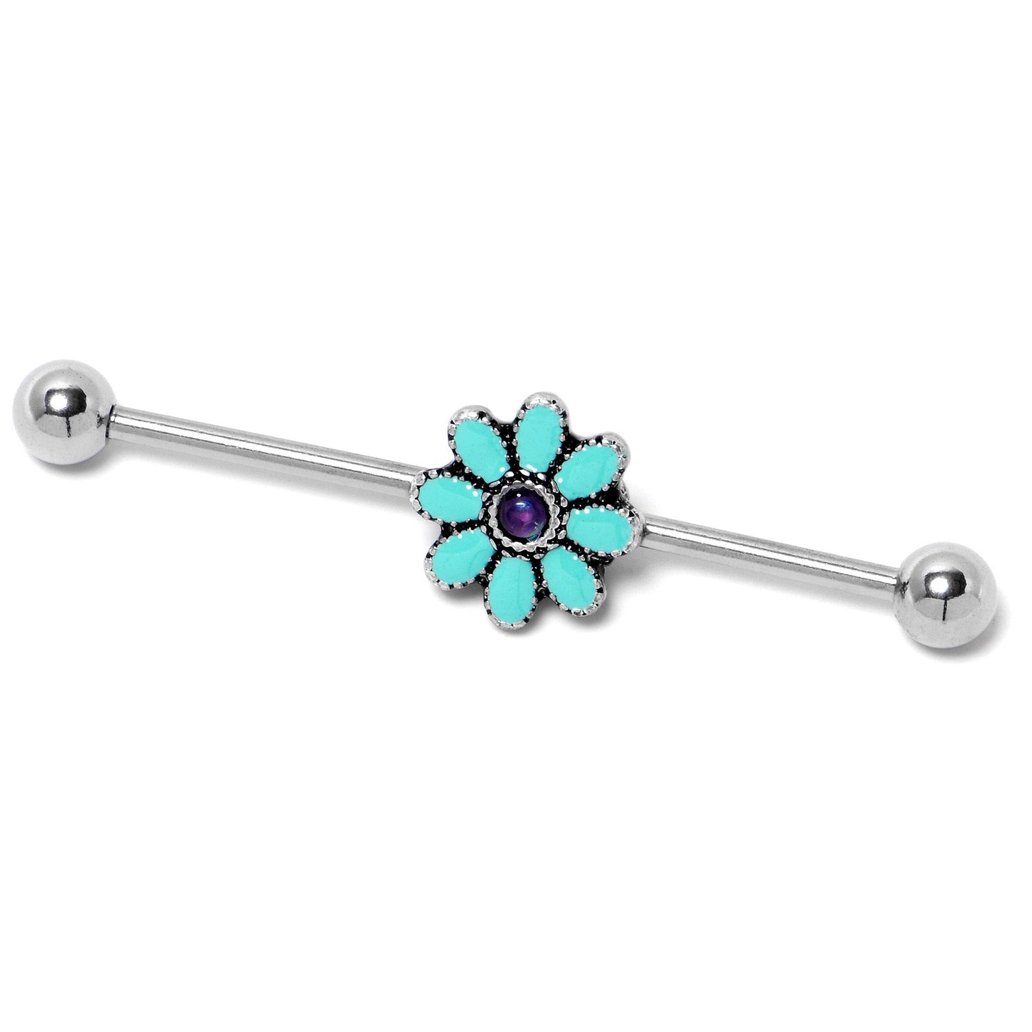 14G Blue Faux Opal Flower Teal Petals Industrial Barbell 38mm