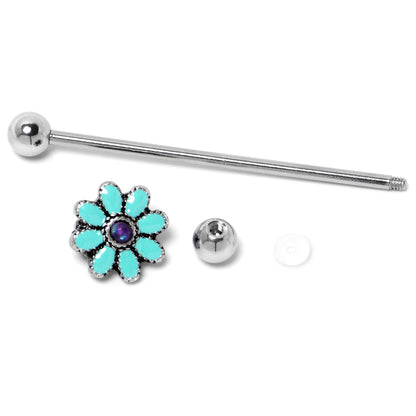 14G Blue Faux Opal Flower Teal Petals Industrial Barbell 38mm