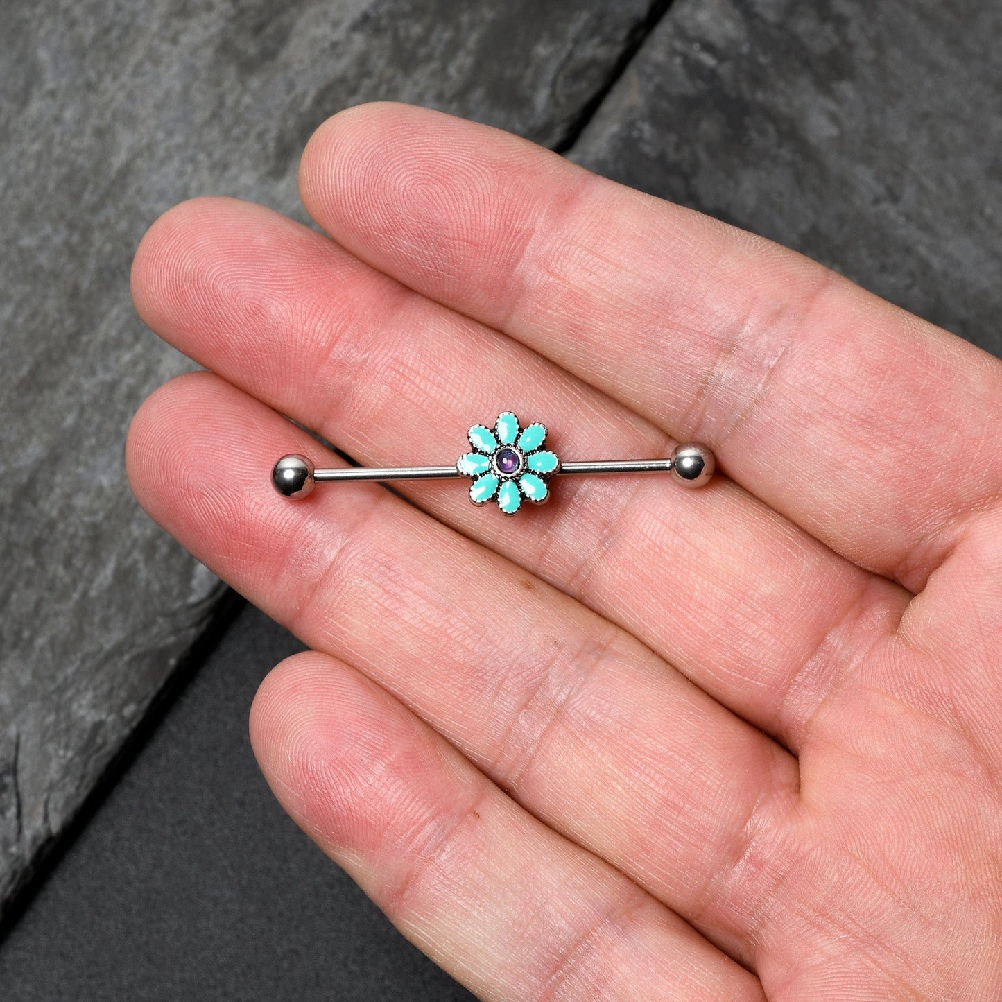 14G Blue Faux Opal Flower Teal Petals Industrial Barbell 38mm