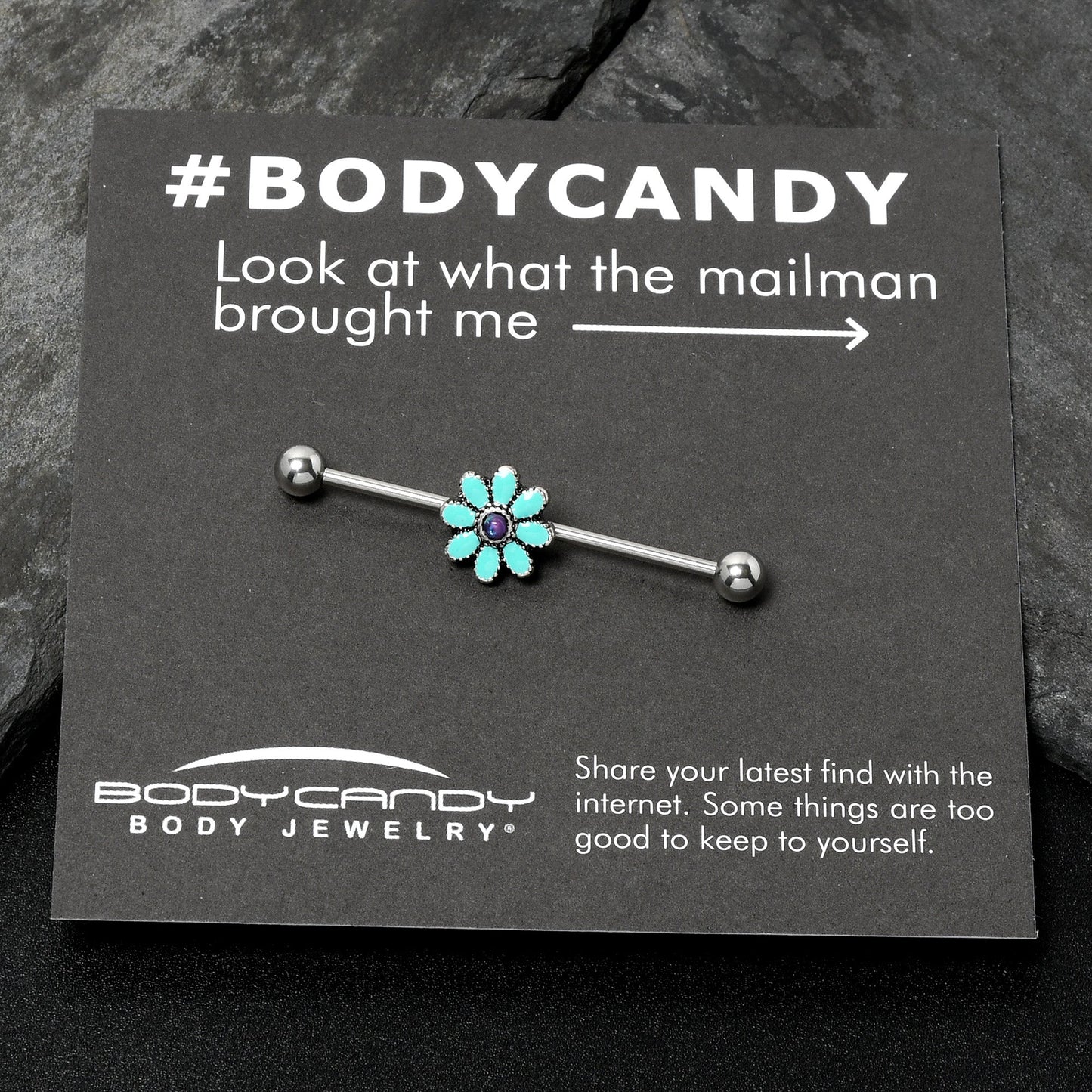 14G Blue Faux Opal Flower Teal Petals Industrial Barbell 38mm