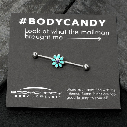 14G Blue Faux Opal Flower Teal Petals Industrial Barbell 38mm