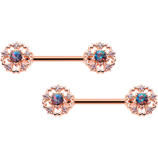 14G 9/16 Vitrail Gem Rosy Hue Flower Barbell Nipple Ring Set