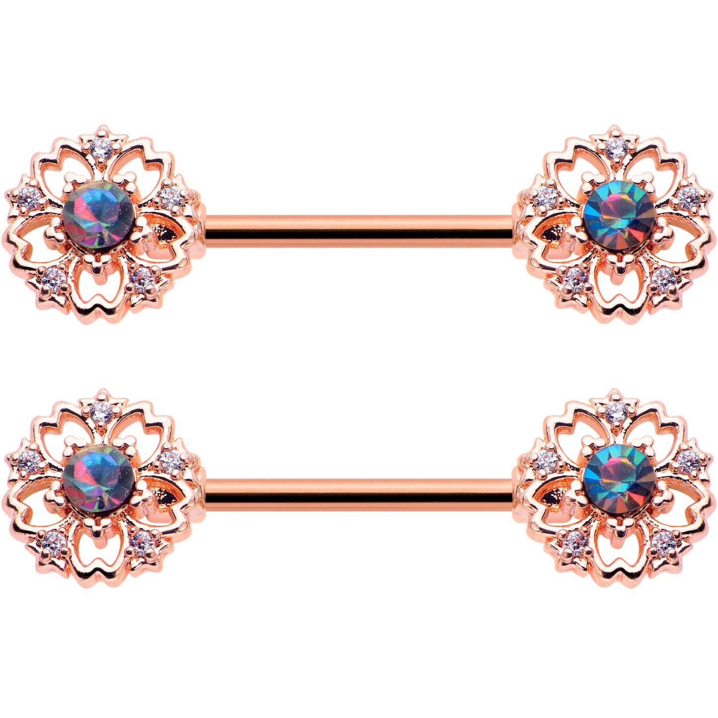 14G 9/16 Vitrail Gem Rosy Hue Flower Barbell Nipple Ring Set