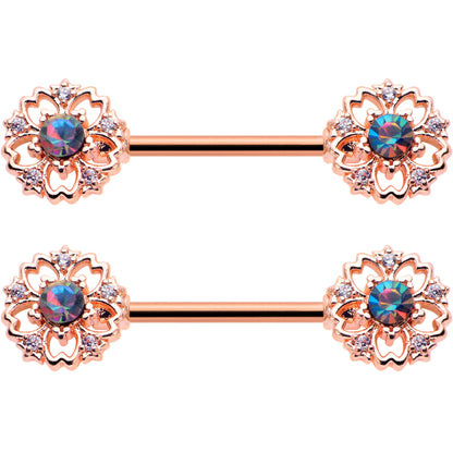 14G 9/16 Vitrail Gem Rosy Hue Flower Barbell Nipple Ring Set