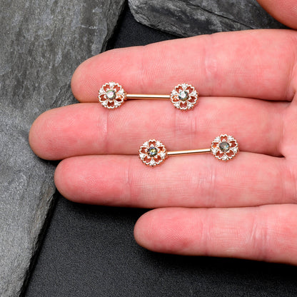 14G 9/16 Vitrail Gem Rosy Hue Flower Barbell Nipple Ring Set