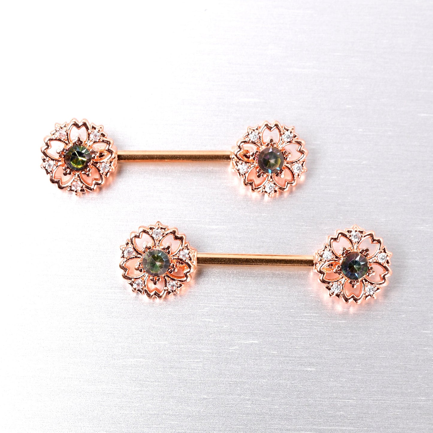 14G 9/16 Vitrail Gem Rosy Hue Flower Barbell Nipple Ring Set