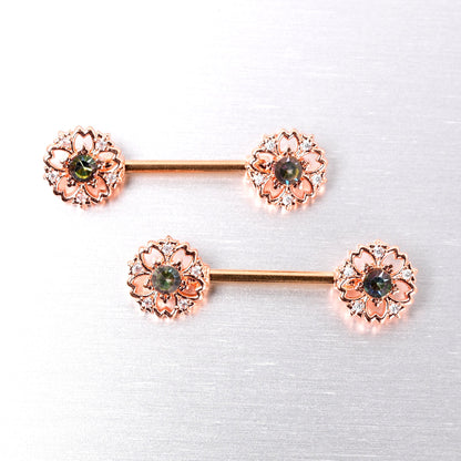 14G 9/16 Vitrail Gem Rosy Hue Flower Barbell Nipple Ring Set
