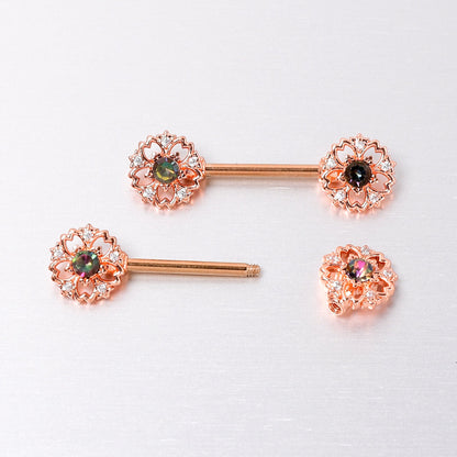 14G 9/16 Vitrail Gem Rosy Hue Flower Barbell Nipple Ring Set