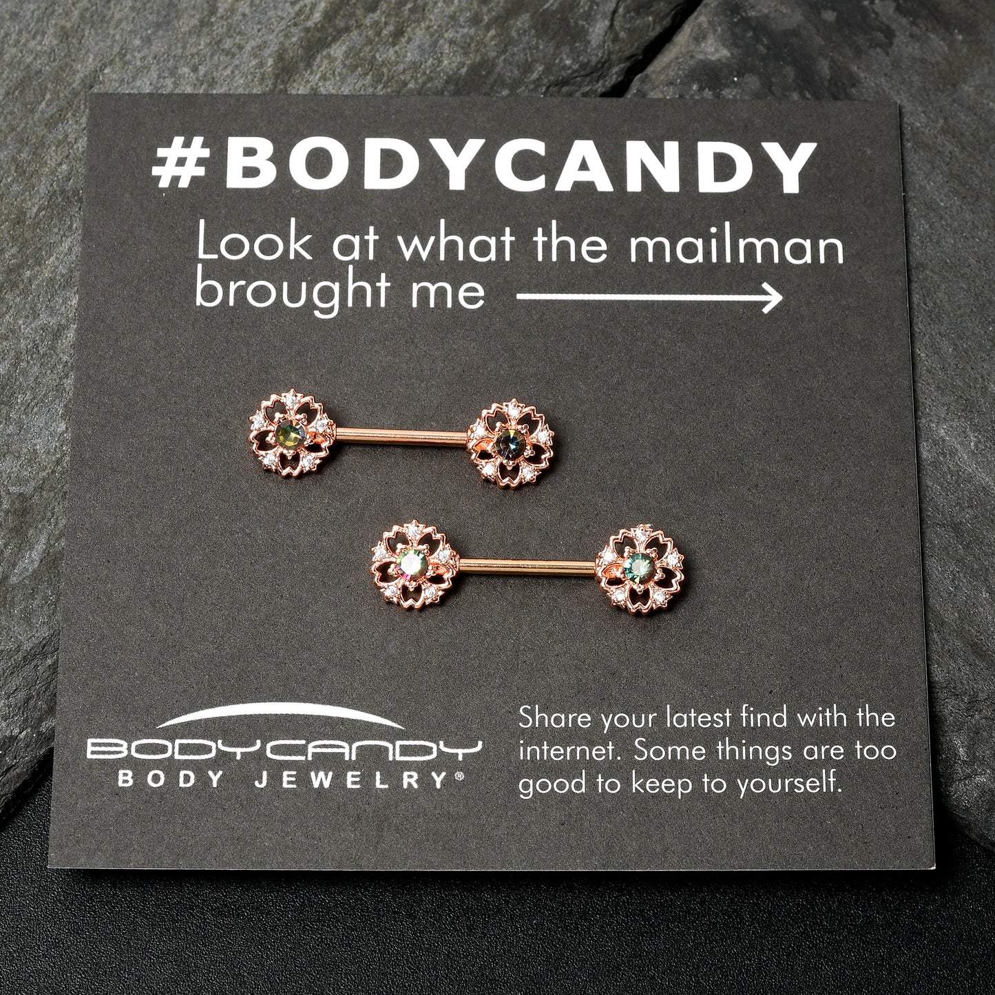 14G 9/16 Vitrail Gem Rosy Hue Flower Barbell Nipple Ring Set