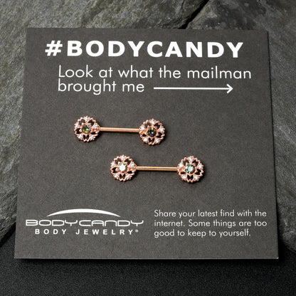 14G 9/16 Vitrail Gem Rosy Hue Flower Barbell Nipple Ring Set
