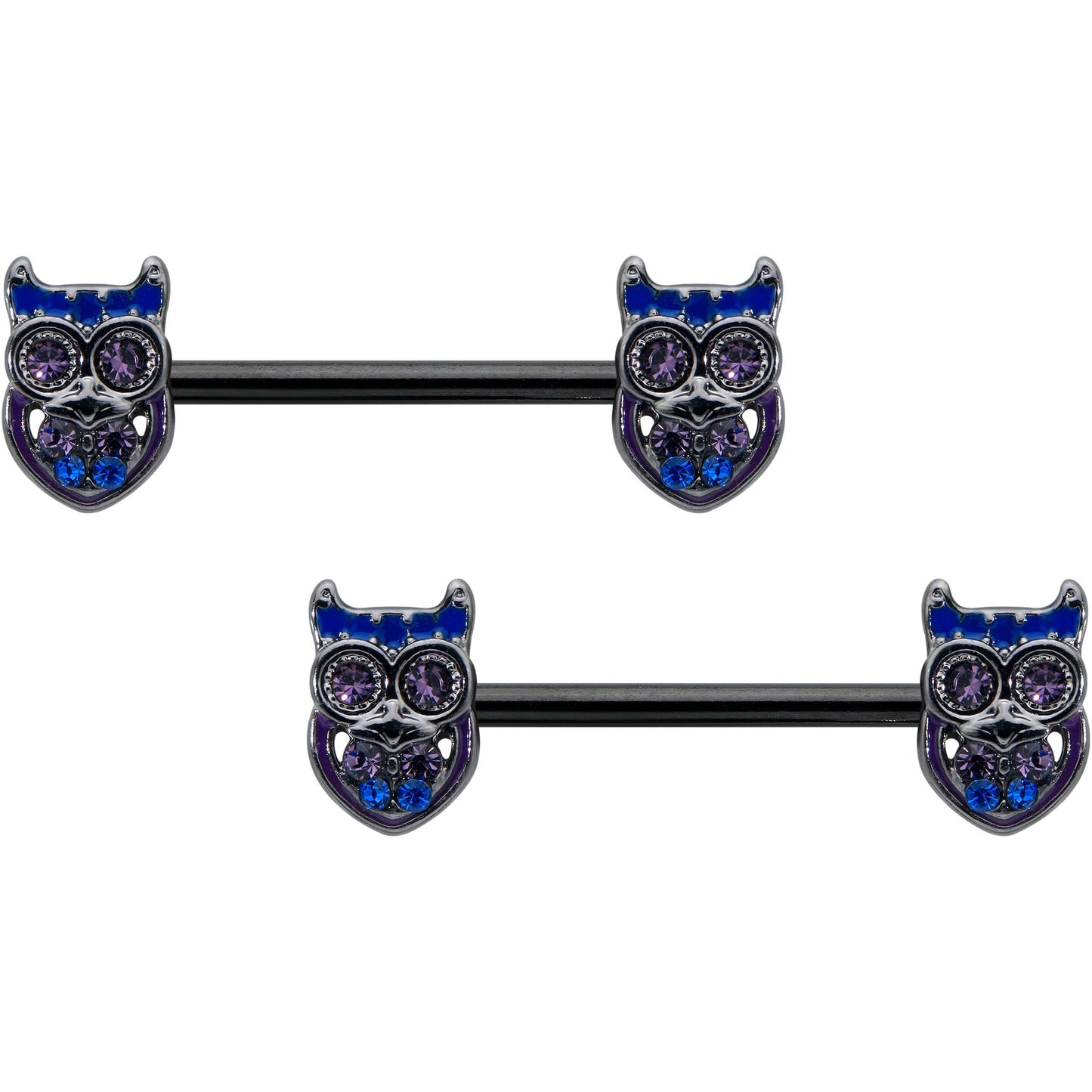 14G 9/16 Purple Blue Gem Black Opulent Owl Barbell Nipple Ring Set