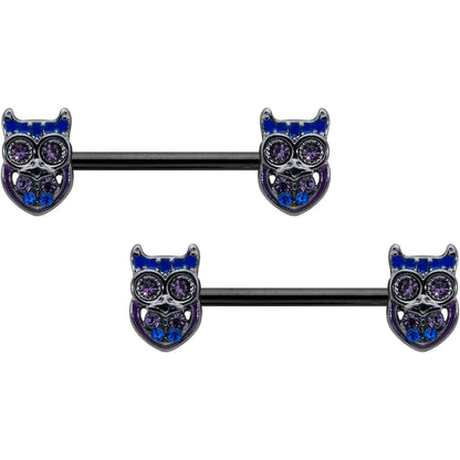 14G 9/16 Purple Blue Gem Black Opulent Owl Barbell Nipple Ring Set